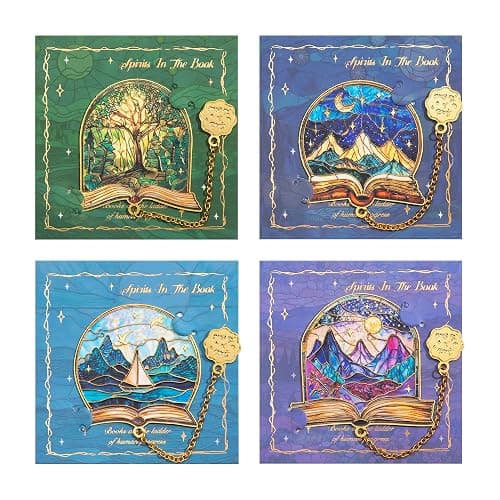 4pcs Metal Bookmarks with Chain, Inspirational Book Marks Set Featuring Books, Mountains, Stars, Forest & River - Perfect Book Markers Gift for Book Lovers, Readers, Kids, Teens, Men, Women, Adults thumbnail 3