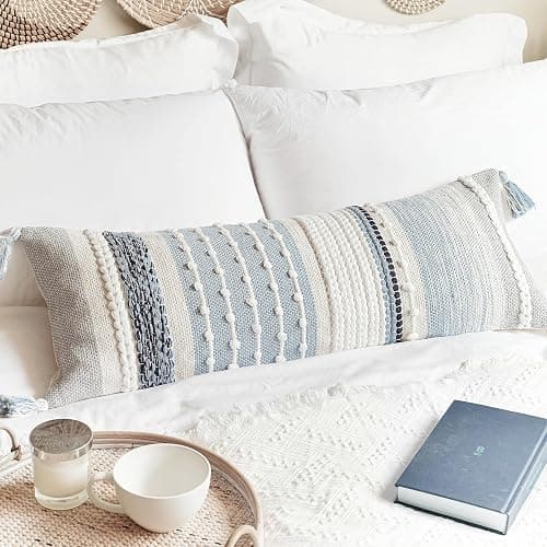 BlissBlush Coastal Blue Decorative Lumbar Pillow Cover 14x36 Boho Long Body Pillow for Bed Farmhouse Lumbar Throw Pillow for Couch Modern Accent Textured Throw Pillowcase - Image 1