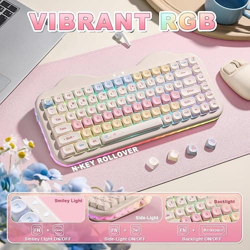 YUNZII C75 Wireless Mechanical Keyboard, 75% Layout Hot Swappable Creamy Keyboard NKRO, PBT MOA Keycaps RGB Backlit Gasket Mount, Cute Cake Design BT5.0/2.4G/USB-C (Beige, Milk V2 Linear Switch) thumbnail 7