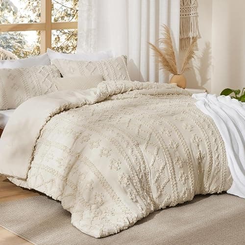 Bedsure Tufted Boho Comforter Set Full Size - Beige Boho Bed Set, GentleSoft™ 3 Pieces Farmhouse Shabby Chic Embroidery Bedding, Gifts for Woman, Soft Jacquard Full Comforter for All Seasons thumbnail 4
