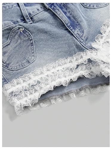WDIRARA Women's Bow Knot Lace Trim Denim Shorts Y2k mid Waisted Jean Shorts with Pockets thumbnail 4