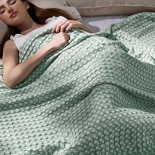 Bedsure Cooling Cotton Waffle King Size Blanket - Lightweight Breathable Blanket of Rayon Derived from Bamboo for Hot Sleepers, Luxury Throws for Bed, Couch and Sofa, Sage Green, 104x90 Inches - Image 1