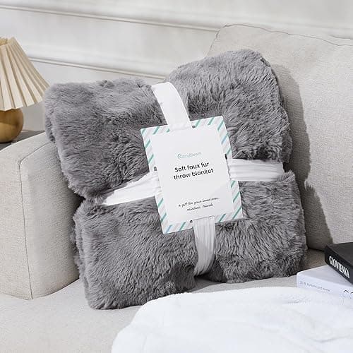 CozyBloom Luxury Soft FauxFur Throw for Couch - Decorative Cozy Plush Long Shaggy Fluffy Grey Solid Comfy Fleece Furry Reversible Puffy Thick Warm Blanket - 50''X60'' (JF003) - Grey - Throw-50" x 60" thumbnail 6