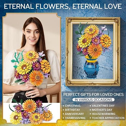 Flower Bouquet Building Blocks Set with Vase, Valentines Day Gifts for Her Wife Him, 1065PCS Sunflower Botanical Collection Artificial Flower Birthday Gifts for Women Men Teen Girls Mom Teacher Adults thumbnail 8