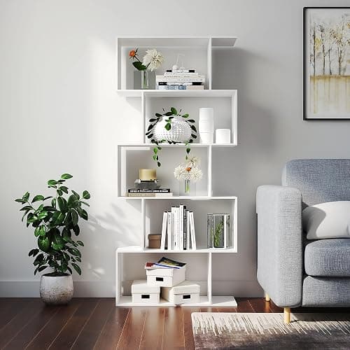 Yusong Bookshelf 5-Tier, Geometric Bookcase S Shaped Book Shelves for Bedroom, Modern Wood Decorative Display Shelf Book Case for Home Office, White thumbnail 9