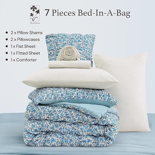 BLOOMHAVEN Queen Comforter Set - 7 Pieces Blue Classic Puff Floral Bedding Sets for All Seasons, Shabby Chic Farmhouse Bed in a Bag Queen with Wildflowers Fluffy Comforter, Sheets, Pillowcases & Shams thumbnail 8