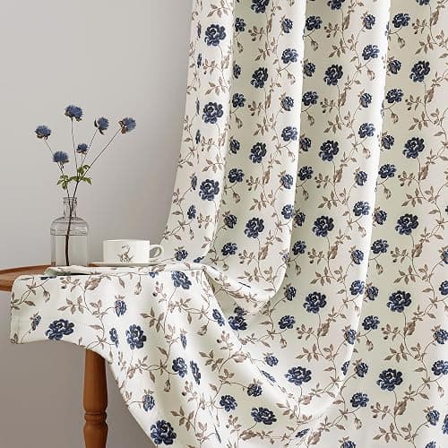 Beauoop Floral 100% Blackout Curtains 84 Inches Long 2 Panels for Bedroom Living Room Blue Brown on Beige Vintage Rose Flower Patterned Room Darkening Thermal Soundproof Grommet Window Drapes, 52X84 thumbnail 5