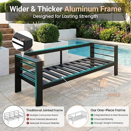 Solaste Aluminum Outdoor Couch, 3-Seat Metal Outdoor Sofa with Water-Resistant Cushion, Weather-Resistant Modern Patio Sofa, Black Frame Grey Cushion thumbnail 4