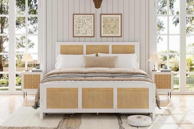 Garvee Rattan Full Bed Frame with LED Headboard (7 Colors), Boho Cane Platform Bed with 4 Large Drawers, Strong Metal Slats Support, Noise Free, No Box Spring Needed, Easy Assembly, White thumbnail 9