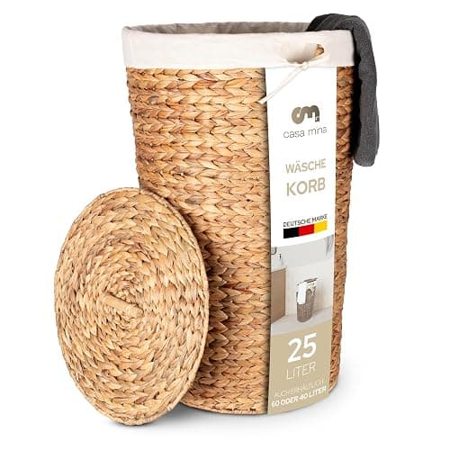 Casa Mina® Wäschekorb mit Deckel | Atmungsaktiver Wäschekorb geflochten aus 100% Naturfaser I Robuster Wäschesammler mit Griffen & waschbarem Innensack I Wäschekörbe (Natur, 30 x 44cm) - Image 1