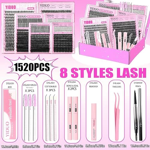 YIDUO 6 Styles Mix Lashes Clusters Kit 3 Box Cluster Lash Book Kit with 2X Bond&Seal 1520Pcs 100D/200D/300D Volume Individual Eyelash Extension Gift Packs for Beginners. DIY at Home Easily thumbnail 2