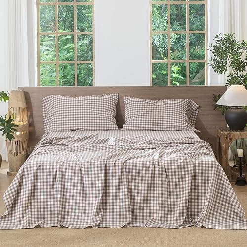 MooMee Gingham Sheet Set 100% Washed Cotton Linen Like Textured Breathable Soft w/Fully Elasticized 16-19" Deep Pocket (Classic Gingham Brown, Queen) thumbnail 8