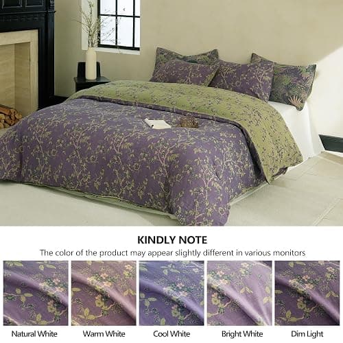 Simple&Opulence Muslin Duvet Cover Set King Size, 100% Washed Cotton 3 Pieces Yarn-Dyed Vintage Purple Floral Jacquard Textured Bedding, Soft & Breathable Gauze Comforter Cover with Zipper Closure thumbnail 7