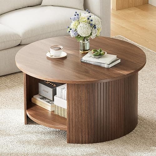 OneBlis Round Coffee Table with Storage, 31.5" Modern Fluted Center Table, 2-Tier Mid Century Coffee Table, Wood Circle Table for Living Room, Home Office, Small Space, Walnut thumbnail 6