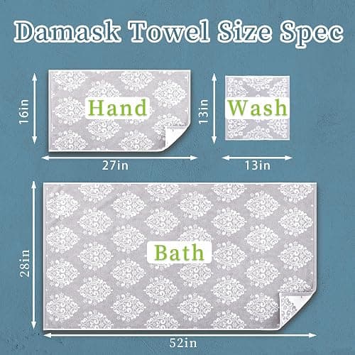 Towels for Bathroom - 100% Cotton | Soft | Quick Dry | Light Weight | Absorbent, 4 Hand 16"x27", 2 Bath 28"x52", Towel Set of 6, Grey Towels Bathroom Sets, Gray Damask Patterned Towels, Gray and White thumbnail 3