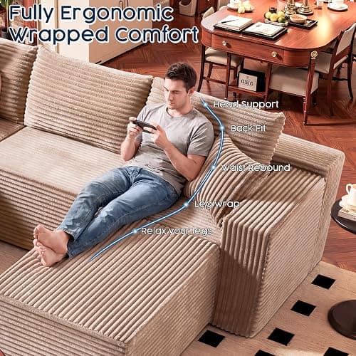 No Assembly Cloud Modular Sectional Sofa，108" U-Shape Corner Couch with Ottoman - Plush Corduroy, Deep Seating, Right Chaise (Camel) | Modern Minimalist Living Room Furniture thumbnail 4