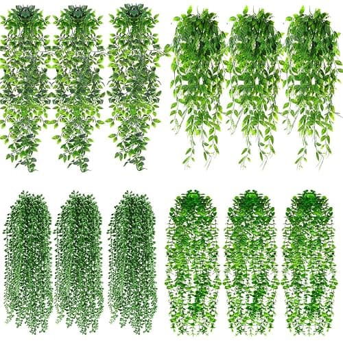 Daifunli 12 Pcs Artificial Hanging Plants Fake Hanging Ferns Plastic Faux Plants for Wall Room Garden Garland Indoor Outdoor Decor No Basket (Eucalyptus,Mandala,String of Pearls,Pea) - Image 1