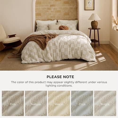 Bedsure Queen Size Comforter Set Beige, Boho Tufted Bed Set, Checkered Farmhouse Shabby Chic Bedding, 3 Pieces, 1 Plaid Geometric Comforter and 2 Pillow Shams thumbnail 9