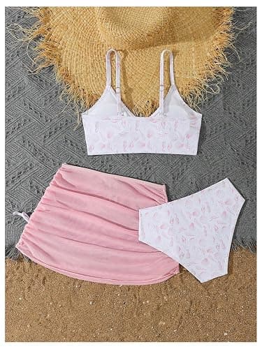 COZYEASE Girls' 3 Piece Set Floral Print Bikini Swimsuit with Drawstring Beach Skirt Cute Ruched Bathing Suit thumbnail 2