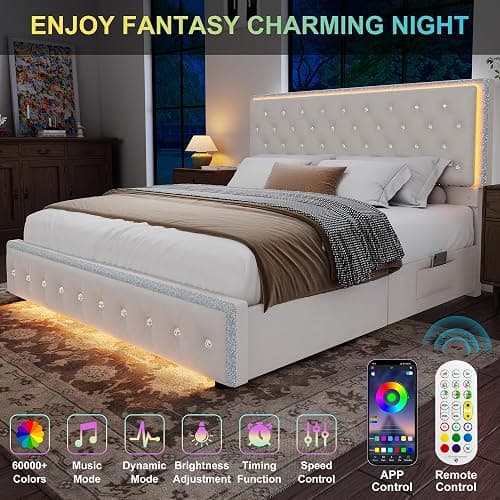 Torana Queen LED Bed Frame with 2 Drawers, Soft Velvet Platform Bed with Diamond Tufted Headboard Footboard and 2 Side Pockets, Mattress Foundation with Wooden Slats Support No Box Spring Needed Cream thumbnail 3