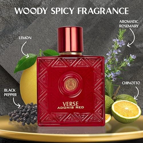 Verse Adonis Red for Men - 100ml Eau De Parfum Spray - Fruity Warm & Floral Fragrance Smell Fresh All Day Long Lasting Includes NovoGlow Carrying Pouch Gift for All Occasions thumbnail 2