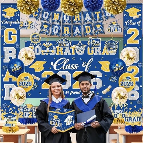 Graduation Decorations Class of 2026 Blue and Gold Graduation Decorations with Congrats Grad Banner,Backdrop,Porch Sign,Balloons,Hanging Swirls,Honeycomb Centerpieces,Box for Graduation Party Supplies thumbnail 2