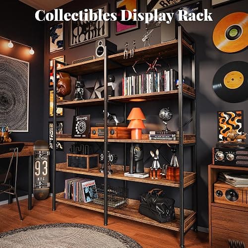 Huuger 5 Tier Bookshelf, Display Bookshelf with 10 Open Shelves and Raised Baffle, 47.2 Inch Straight Wide Bookcase with Metal Frame and Wooden Board, Adjustable Feet, Rustic Brown thumbnail 6