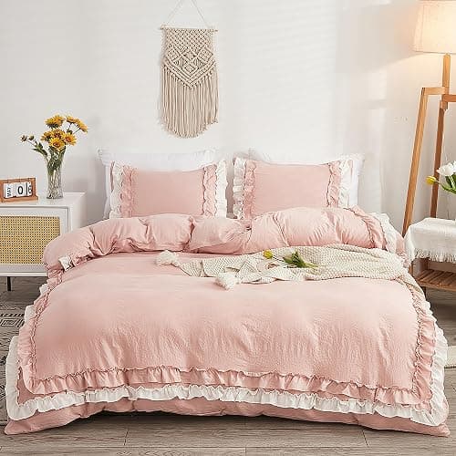 GETIYA Rosa Rüschen Bettwäsche 200x220 Weich Mikrofaser Bettwäsche Teenager Mädchen Damen Bettbezug Rüschen Dekoration Romantisch Rosa Bettwaesche Doppelbett mit 2 Kissenbezug 80x80 thumbnail 5