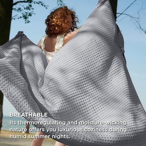 Bedsure Cooling Cotton Waffle Full Size Blanket - Lightweight Breathable Blanket of Rayon Derived from Bamboo for Hot Sleepers, Luxury Throws for Bed, Couch and Sofa, Grey, 80x90 Inches - Grey - Full (80" x 90") thumbnail 4