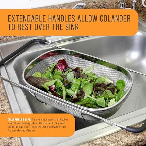 U.S. Kitchen Supply Stainless Steel Colander Strainer - 6-Quart Collapsible Colander with Expandable Rubber Handles - Rectangular Sieve, Fine Mesh Stainless Steel Strainers and Colanders for Kitchen thumbnail 6