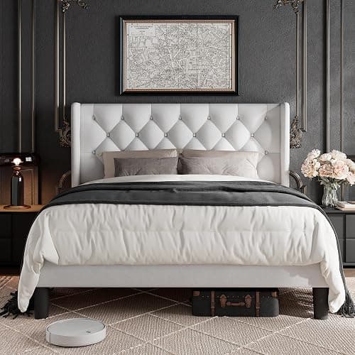 GalnFu Queen Size Bed Frame with Button Tufted Headboard, Upholstered Platform Bed Frame with UnderBed Storage, Wooden Slats Supports, Noise Free, No Box Spring Needed, Easy Assembly, White thumbnail 7