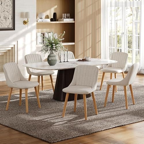 Goeurvant Dining Chairs Set of 4 Polyester Chairs for Living Room with Wood Legs Upholstered Kitchen Chair, Beige thumbnail 7