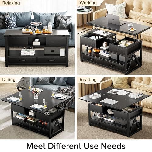 Memobarco 40" Lift Top Coffee Table,4 in 1 Multi-Function Lift Coffee Tables with Storage Drawers and Hidden Compartmen,Farmhouse Coffee Table with Lifting top for Living Room,Black thumbnail 7