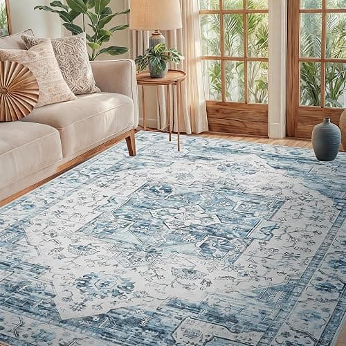 YOFOLY Washable 5x7 Area Rug - Living Room Large Rug Stain Resistant Carpet Vintage Carpet Bedroom Non-Slip Backing Home Decor Floor Decor Mat,Light Blue - Image 1