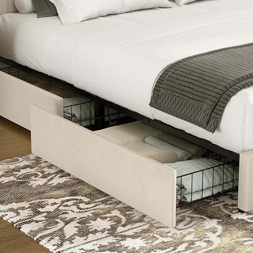 VECELO Full Size Upholstered Bed Frame with 4 Drawers and Headboard, Velvet Platform Storage Bedframe, Wooden Slats Support, No Box Spring Needed,Beige thumbnail 4