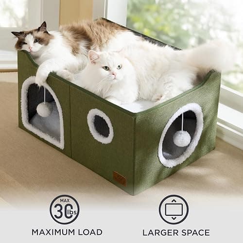 Bedsure Large Cat Beds for Indoor Cats - Extra Wide Cat Cube House for Small Pet with Fluffy Ball Hanging and Scratch Pad, Foldable Pet Cave Hideaway for Multiple Cats, 23.6x16.9x13 inches thumbnail 7