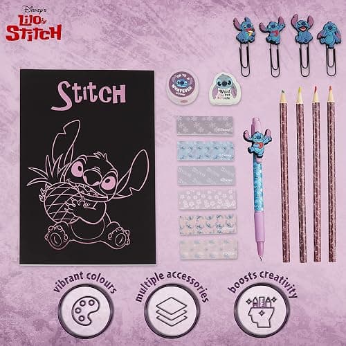 Disney Stitch Stationery Supplies Set Notebook Pencil Case & Ballpoint Pens or Notepad Colouring Pencils & Accessories for School Office (Black) - Black thumbnail 6