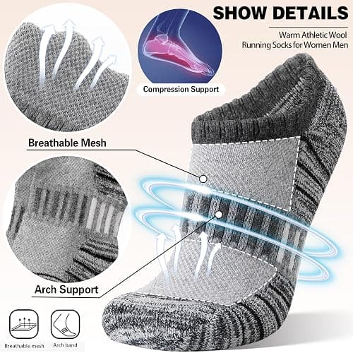 Merino Wool Ankle Athletic Running No Show Socks Cushioned Breathable Sports Warm Thick Socks for Men and Women 6 Pairs thumbnail 2
