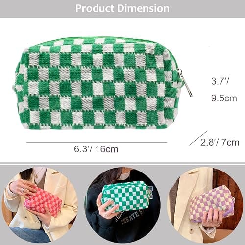PAZIMIIK Checkered Makeup Bag for Purse Portable Zipper Make Up Pouch Small Cosmetic Case for Travel Accessories (Green) thumbnail 3