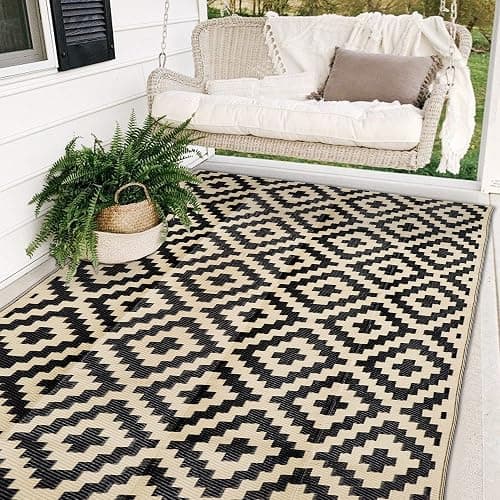 SAND MINE Waterproof Outdoor Rug 5x8 ft, Plastic Reversible Rug, Modern Area Rug, Large Floor Mat for Outdoors, RV, Patio, Backyard, Deck, Picnic, Beach, Camping, Black & Beige - Image 1