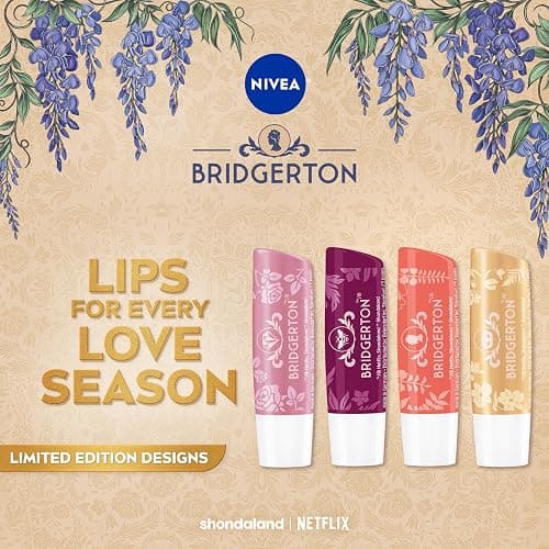 NIVEA Lip Care, Bridgerton Limited Edition Moisturizing Lip Balms with Shea Butter, Blackberry Pie, Peach Tea, Rose Meringue, and Vanilla Biscuit, Four 0.17 Oz Sticks thumbnail 2