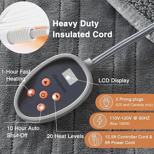 Beautyrest Heated Blanket, Electric Blanket, Soft, Warm, Reversible Plush - Sherpa Heating Blanket with 20 Heat Settings, 1-10 hrs Timer Auto Shut Off, Machine Washable, Full (84 inx80 in), Grey thumbnail 7