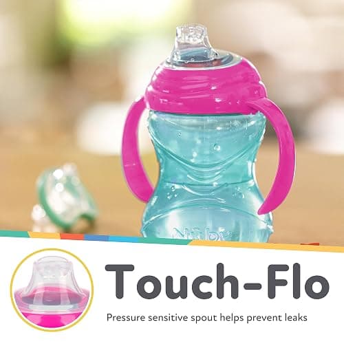 Nuby Clik-It Grip N' Sip Soft Spout No-Spill Training Sippy Cup with Handles - (3-Pack) 10 oz - 4+ Months - Aqua/Purple/Pink thumbnail 4