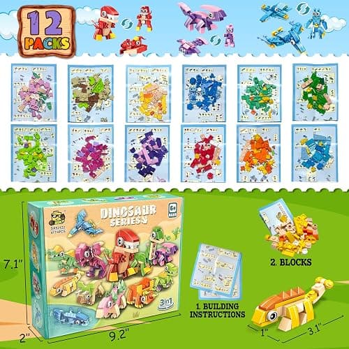 LINAYE 12 Packs Dinosaur Party Favors for Kids - 417 PCS Mini Dinosaur Building Blocks Set Toys for Boys Kids Easter Stuffers Fillers Birthday Valentines Day Gifts Classroom Prizes thumbnail 3