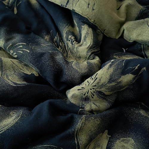 Purefair 100% Cotton Gauze Jacquard Comforter Set, Floral Lily Bloosom Print, Soft 2 Layers Reversible Lightweight 3 Piece Bedding Sets for All Season, Green Black, Full/Queen(90"x90") thumbnail 7