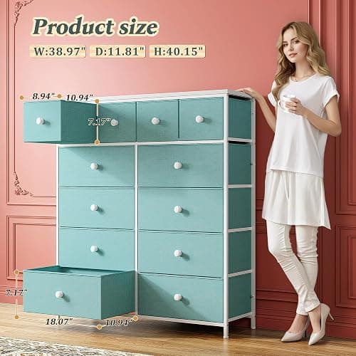 Romorgniz Dresser for Bedroom Tall Dresser with 12 Drawers Fabric Dressers & Chests of Drawers, Bedroom Dresser with Metal Frame, Wood Top, Entryway Living Room, Turquoise 11.81"D x 38.97"W x 40.15"H thumbnail 3