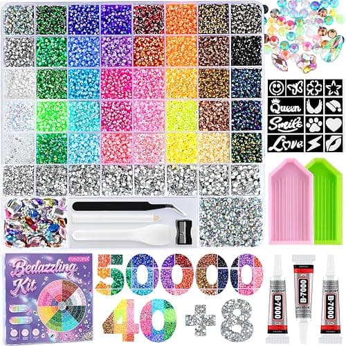 50000pcs Rhinestones for Bedazzling, 51 Grids Bedazzler Kit with Rhinestone | Mixed Sizes Sliver and 3mm Resin Jelly Rhinestones, Flatback Gems, 13 Reusable Stencil, 3Pcs B7000 Glue for Nail Diamond Art - Image 1