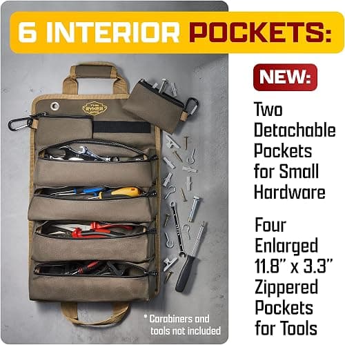 The Ryker Roll Up Tool Bag Organizer Gifts for Dad. Heavy Duty Motorcycle Tool Roll Bag Organizer. Portable Rollup Toolbag w/Detachable Pouches - Tools Bags Mens gifts for him - Mechanic & Electrician thumbnail 4