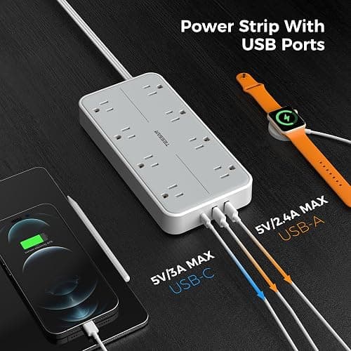 Power Strip Surge Protector 10 FT, TESSAN Flat Plug Extension Cord with 8 Outlets 3 USB Ports(1 USB C), 1080Joules Wall Mountable Multi Port Charging Station for Home Office Dorm Room Essentials - Gray - 10FT-1080J surge protection thumbnail 4