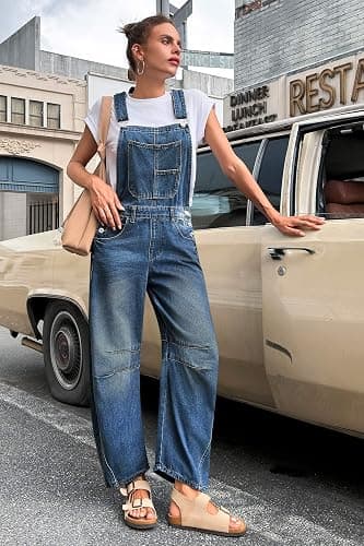 PLNOTME Womens Denim Bib Overalls Barrel Leg Adjustable Strap Jean Pants Jumpsuits with Pockets thumbnail 5